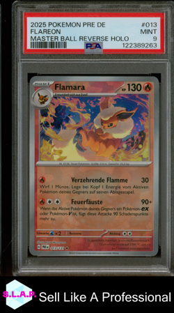 FLAREON MASTER BALL REVERSE HOLO POKEMON GER PRE 2025 013 PSA 9 - Image 1