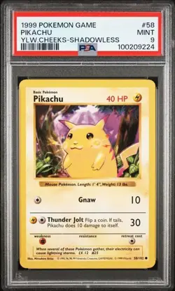 PSA 9 Pikachu Shadowless Pokemon Card 58/102 WOTC Base Set Yellow MINT NEW - Image 1