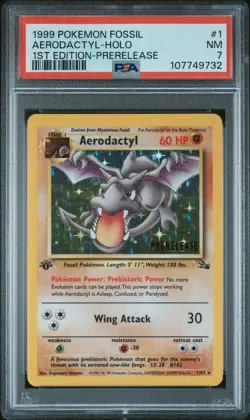 1999 POKEMON FOSSIL 1ST ED-PRERELEASE #1 AERODACTYL-HOLO PSA 7 - Image 1