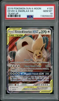 PSA 10 GEM MINT Eevee & Snorlax GX 120/181 Team Up Sun & Moon Pokemon Card - Image 1