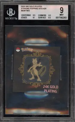 Pokemon Mewtwo Popping Sticker Striking Gold Plated Scuffed Case BGS 9 Mint - Image 1