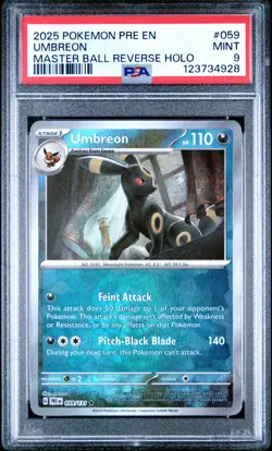 2025 POKEMON PRE EN-PRISMATIC EVOLUTIONS MASTER BALL REVERSE HOLO UMBREON PSA 9 - Image 1
