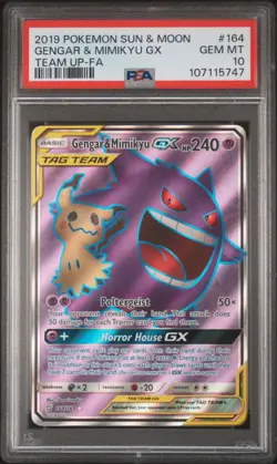 2019 POKEMON SUN & MOON TEAM UP #164 FULL ART/GENGAR & MIMIKYU GX PSA 10 - Image 1