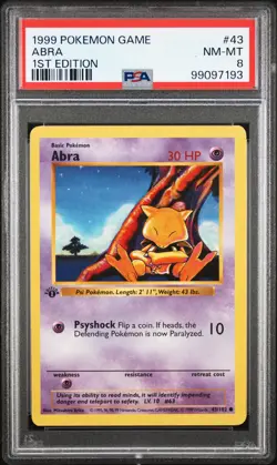 1999 POKEMON BASE SET 1ST EDITION #43 ABRA PSA 8 - Image 1