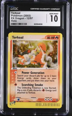 CGC 10 GEM MINT Torkoal EX Dragon 12/97 Holo Rare Graded Pokemon Card - Image 1