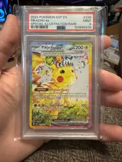 2024 POKEMON SSP EN-SURGING SPARKS SPECIAL ILLUSTRATION RARE PIKACHU EX PSA 9 - Image 1