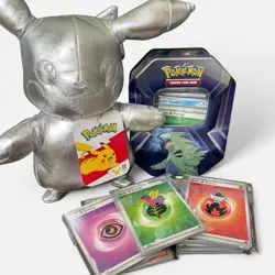 Pokemon Mini Bundle With Plushie & Various Misc Bulk Cards In Empty Tin - Image 1