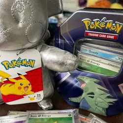 Pokemon Mini Bundle With Plushie & Various Misc Bulk Cards In Empty Tin - Image 2