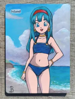 Hand Painted Altered Art Mtg Island - Manga Girl (Bulma) - Image 1
