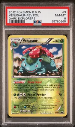 2012 POKEMON B&W DARK EXPLORERS #3 VENUSAUR-REVERSE FOIL PSA 8 - Image 1