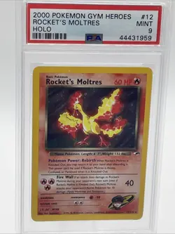 PSA 9 Mint Rocket's Moltres Holo #12/132 Pokemon Gym Heroes (2000) Card - Image 1