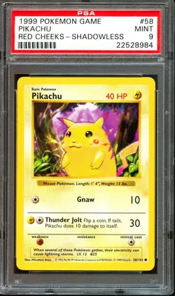 PSA 9 MINT Pikachu 58/102 Red Cheeks Shadowless Base Set 1999 Pokemon Card - Image 1