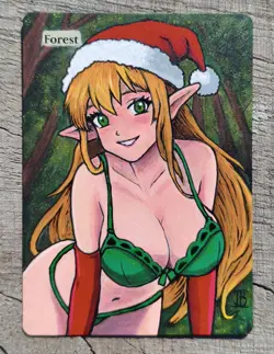 Hand Painted Altered Art Mtg Forest Land Card - Sexy Elf illustration! by IB - Image 1