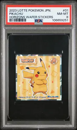2023 LOTTE POKEMON JPN HORIZONS WAFER STICKERS #01 PIKACHU PSA 8 - Image 1