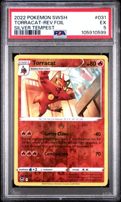 2022 POKEMON SWORD & SHIELD SILVER TEMPEST #031 TORRACAT-REVERSE FOIL PSA 5 - Image 1