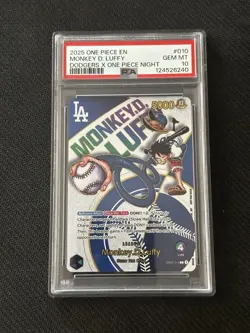 PSA 10 GEM MINT One Piece Los Angeles Dodgers Monkey D. Luffy Promo Card English - Image 1