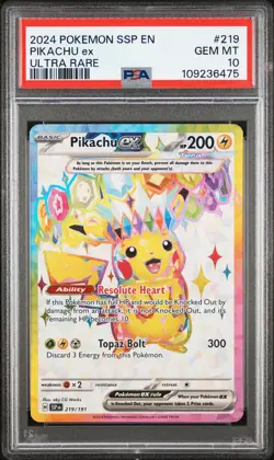 2024 POKEMON SSP EN-SURGING SPARKS ULTRA RARE #219 PIKACHU EX PSA 10 - Image 1