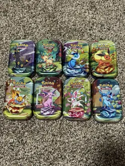 Prismatic Evolutions Empty Mini Tin Complete Set Of 8 Tin + Card + Coin NO PACKS - Image 1