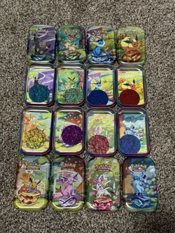 Prismatic Evolutions Empty Mini Tin Complete Set Of 8 Tin + Card + Coin NO PACKS - Image 2