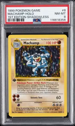 1999 POKEMON BASE SET 1ST EDITION-SHADOWLESS #8 MACHAMP-HOLO PSA 8 - Image 1