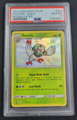 PSA 10 2019 POKEMON SUN & MOON HIDDEN FATES #SV3 DARTRIX-HOLO HIDDEN FATES - Image 1