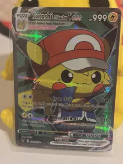 Pokemon TCG Satoshi Poncho Pikachu VCOS Cosplay Custom Full Art Shiny Holo Card - Image 1