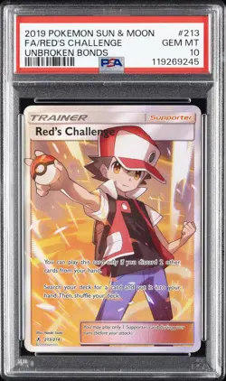 2019 POKEMON SUN & MOON UNBROKEN BONDS #213 FULL ART/RED'S CHALLENGE PSA 10 - Image 1