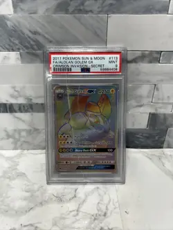 2017 Pokemon SM Crimson Invasion Alolan Golem GX Rainbow 113/111 PSA 9 Cracked - Image 1