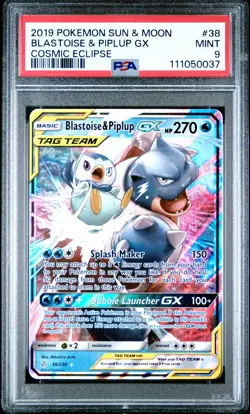 2019 POKEMON SUN & MOON COSMIC ECLIPSE #38 BLASTOISE & PIPLUP GX PSA 9 - Image 1
