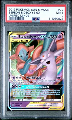 2019 POKEMON SUN & MOON UNIFIED MINDS #72 ESPEON & DEOXYS GX PSA 9 - Image 1