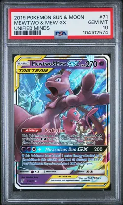 2019 POKEMON SUN & MOON UNIFIED MINDS #71 MEWTWO & MEW GX PSA 10 - Image 1