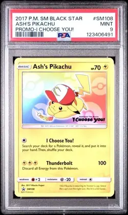 PSA 9 ASH'S PIKACHU SM108 BLACK STAR PROMO SUN & MOON POKEMON MINT - Image 1