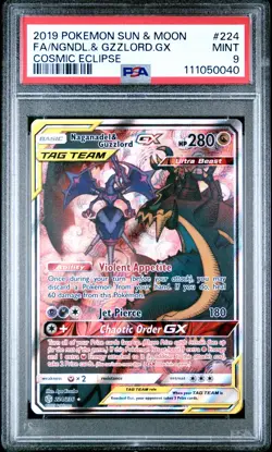 2019 POKEMON SUN & MOON COSMIC ECLIPSE FULL ART/NAGANADEL & GUZZLORD GX PSA 9 - Image 1