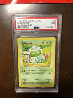 Pokemon Game PSA 9 MINT Base set Shadowless Bulbasaur Card 1999 #44 - Image 1