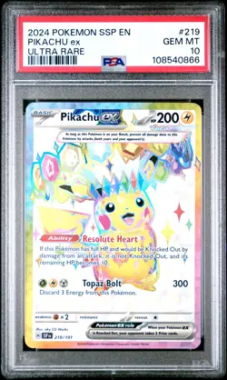 2024 POKEMON SSP EN-SURGING SPARKS ULTRA RARE #219 PIKACHU EX PSA 10 - Image 1