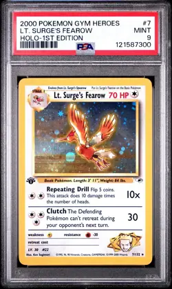 PSA 9 MINT 2000 Pokemon Gym Heroes Lt. Surge's Fearow Holo 1st Edition #7 - Image 1