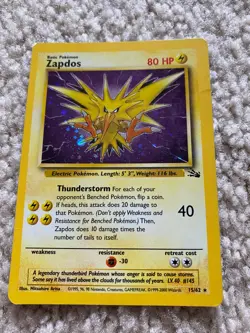 Zapdos Holo Rare 15/62 Unlimited Fossil HP Pokemon Card 80 HP Great Condition. - Image 1