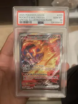 PSA 10 2025 POKEMON DRI EN #229 TEAM ROCKET’S MOLTRES EX SIR GEM MT - Image 1