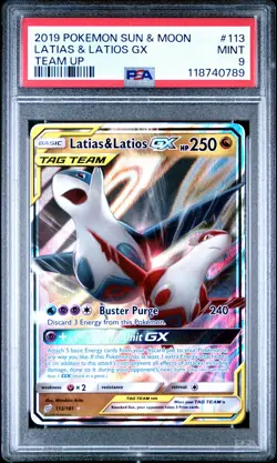 2019 POKEMON SUN & MOON TEAM UP #113 LATIAS & LATIOS GX PSA 9 - Image 1