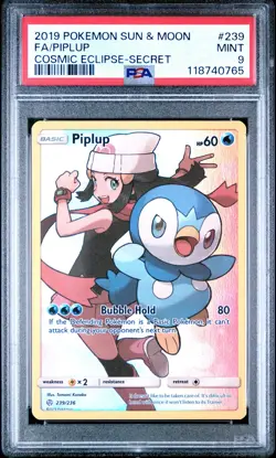 2019 POKEMON SUN & MOON COSMIC ECLIPSE SECRET #239 FULL ART/PIPLUP PSA 9 - Image 1