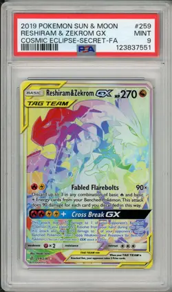 2019 Pokemon Sun & Moon Cosmic Eclipse Reshiram & Zekrom GX Full Art #259 PSA 9 - Image 1