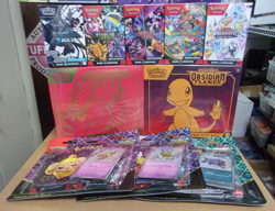 POKEMON SCARLET & OBSIDIAN ETB + (5) DIFF BUNDLE + (3) PALDEAN TECH STICKERS - Image 1