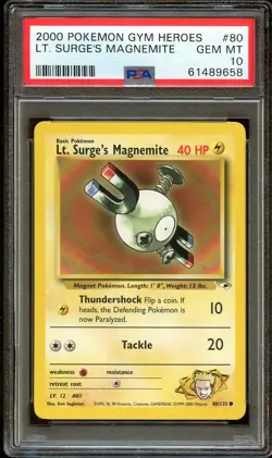 PSA 10 GEM MINT Lt. Surge's Magnemite 80/132 Gym Heroes Pokemon Card 658 - Image 2