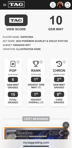 2023 Pokemon S&V Paradox Rift - Espathra 197/182 IR - TAG 10 Gem Mint - PSA CGC - Image 4