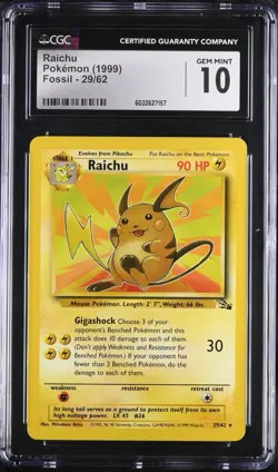 CGC 10 GEM MINT Raichu 29/62 Fossil Rare Vintage WOTC 1999 Pokemon Card - Image 1
