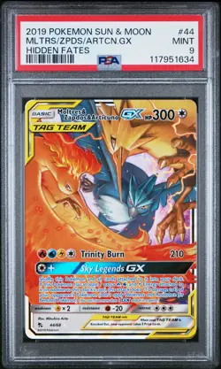 2019 POKEMON SUN & MOON HIDDEN FATES #44 MOLTRES & ZAPDOS & ARTICUNO GX PSA 9 - Image 1