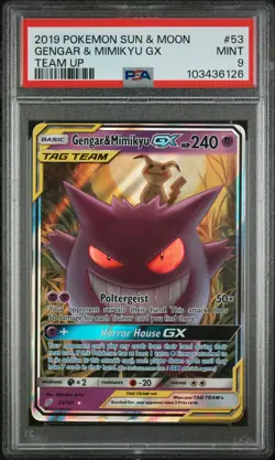 2019 POKEMON SUN & MOON TEAM UP #53 GENGAR & MIMIKYU GX PSA 9 - Image 1