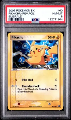 2005 POKEMON EX EMERALD #60 PIKACHU-REVERSE FOIL PSA 8 - Image 1