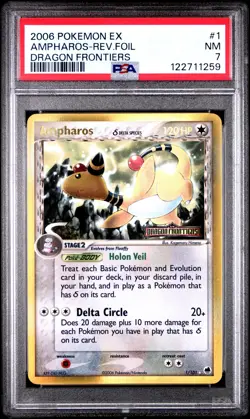 2006 POKEMON EX DRAGON FRONTIERS #1 AMPHAROS-REVERSE FOIL PSA 7 - Image 1