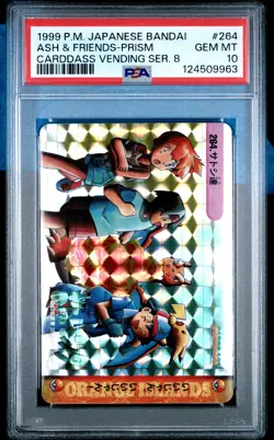 1999 POKEMON JPN BANDAI CARDDASS VENDING SER 8 #264 ASH & FRIENDS-PRISM PSA 10 - Image 1